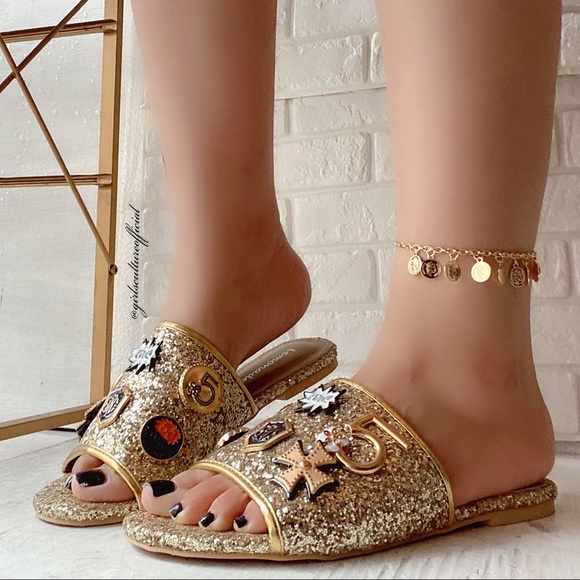 Gold Shimmer Pins Slides Sandal - Picture 2 of 7